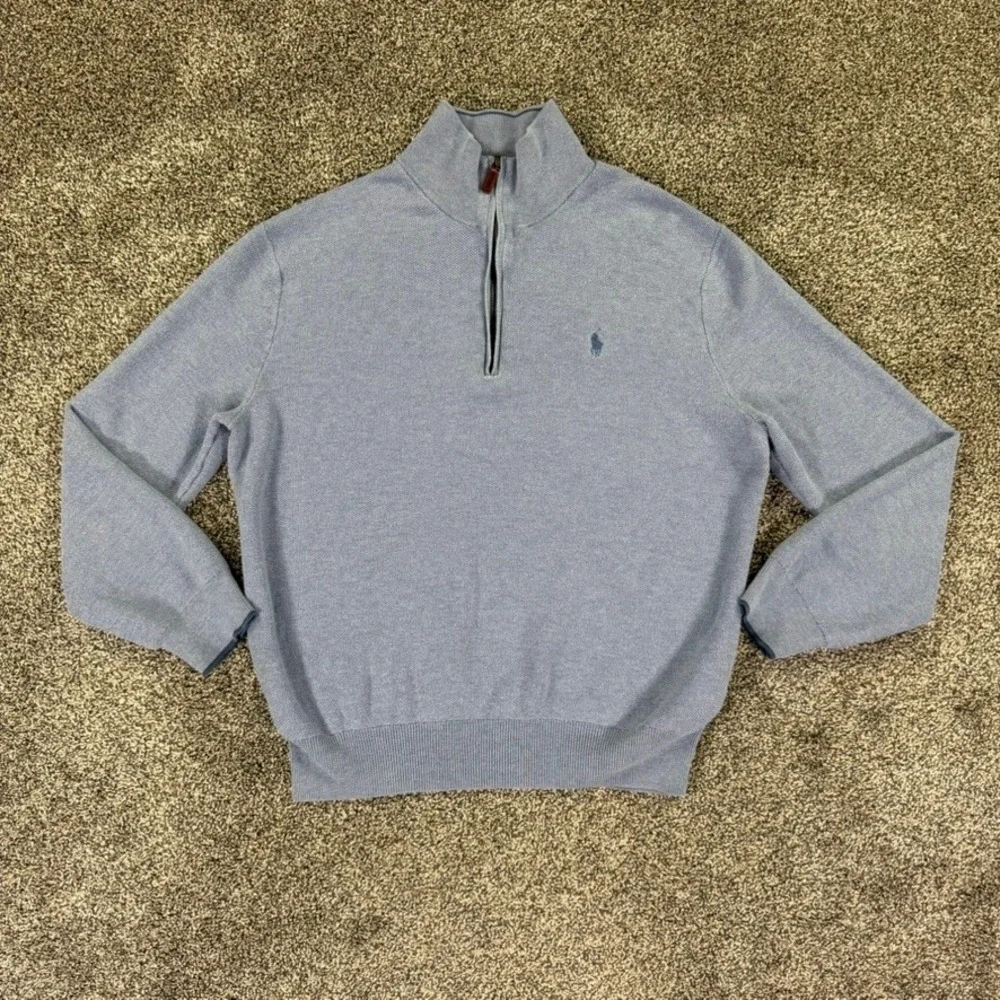 Polo Ralph Lauren Pima Cotton 1/4 Zip Sweater Light Blue Mock Neck Knit Men READ